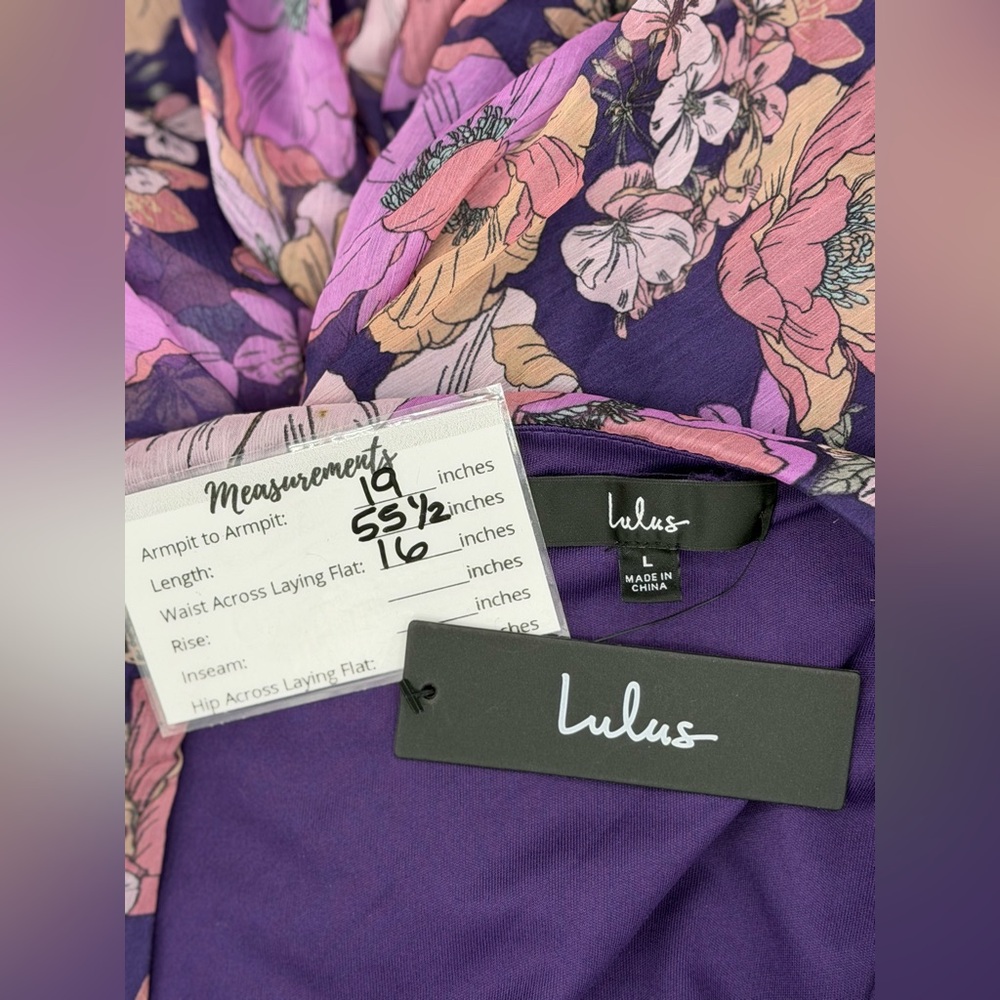 Lulus NWT “Feeling Sweet” Purple Floral Print Long Sleeve Wrap Maxi Dress. Large - Picture 4 of 15